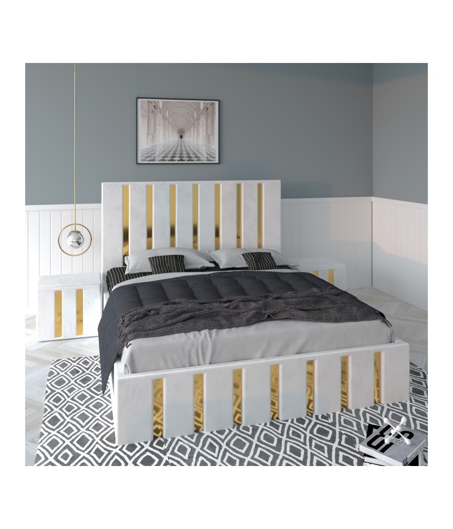 Pat Tapitat Mexic Alb + Saltea 20cm Grosime + Noptiere Tapitate