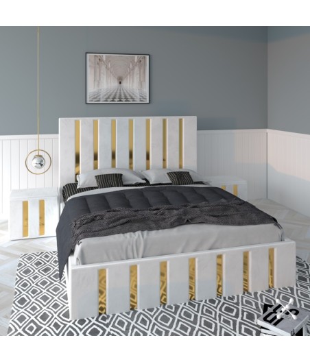 Pat Tapitat Mexic Alb + Saltea 20cm Grosime + Noptiere Tapitate