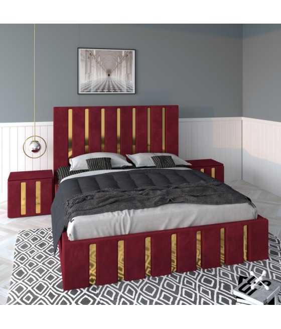 Pat Tapitat Mexic Rosu + Saltea 20cm Grosime + Noptiere Tapitate