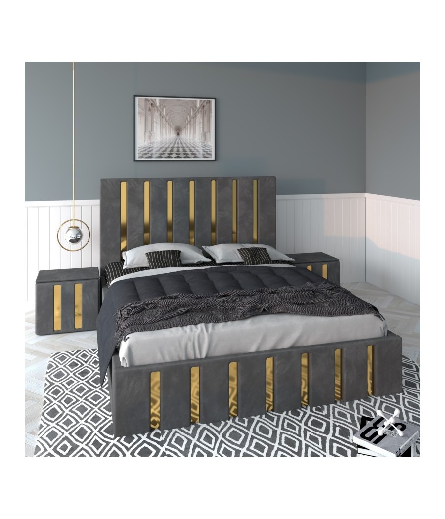 Pat Tapitat Mexic Gri + Saltea 20cm Grosime + Noptiere Tapitate