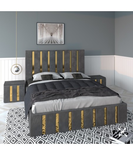 Pat Tapitat Mexic Gri + Saltea 20cm Grosime + Noptiere Tapitate