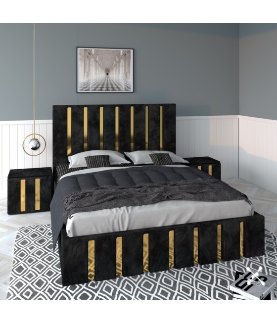 Pat Tapitat Mexic Negru + Saltea 20cm Grosime + Noptiere Tapitate