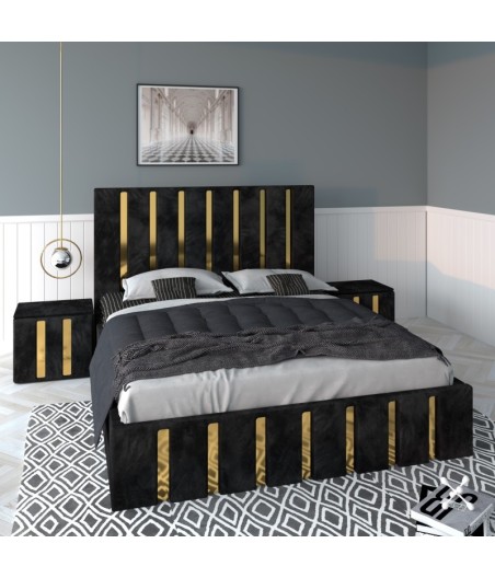 Pat Tapitat Mexic Negru + Saltea 20cm Grosime + Noptiere Tapitate