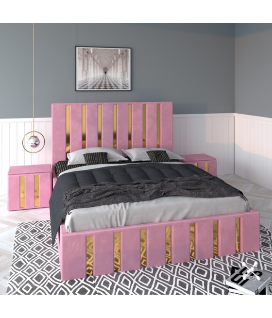 Pat Tapitat Mexic Roz + Saltea 20cm Grosime + Noptiere Tapitate