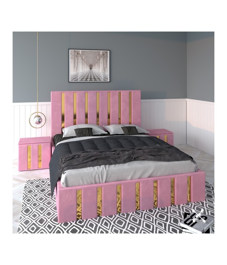 Pat Tapitat Mexic Roz + Saltea 20cm Grosime + Noptiere Tapitate