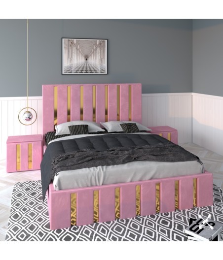 Pat Tapitat Mexic Roz + Saltea 20cm Grosime + Noptiere Tapitate