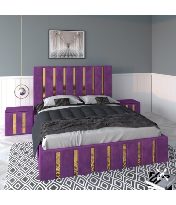 Pat Tapitat Mexic Mov + Saltea 20cm Grosime + Noptiere Tapitate