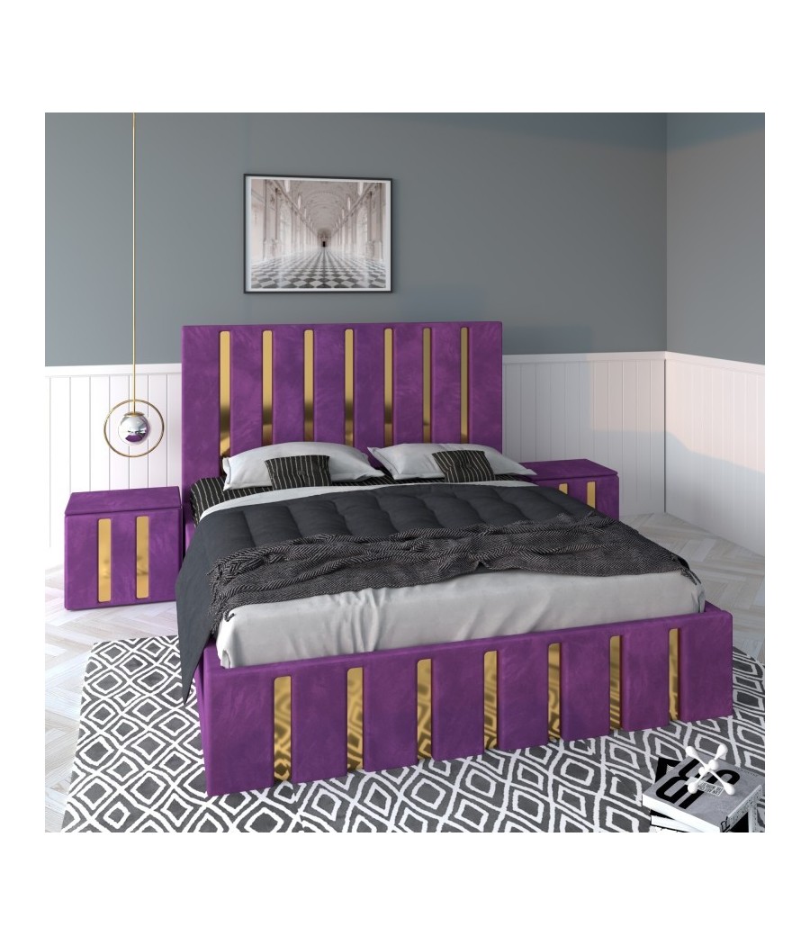 Pat Tapitat Mexic Mov + Saltea 20cm Grosime + Noptiere Tapitate