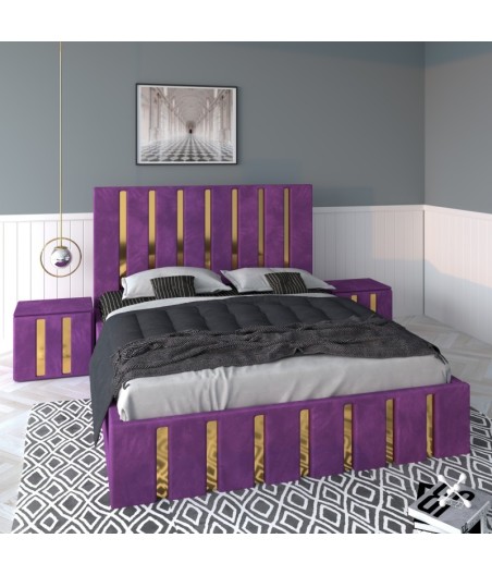 Pat Tapitat Mexic Mov + Saltea 20cm Grosime + Noptiere Tapitate