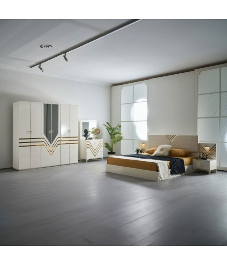 Dormitor Cod122, 6 Piese, Pat 180 X 200, Comoda Cu Oglinda, 2Noptiere, Dulap 6u