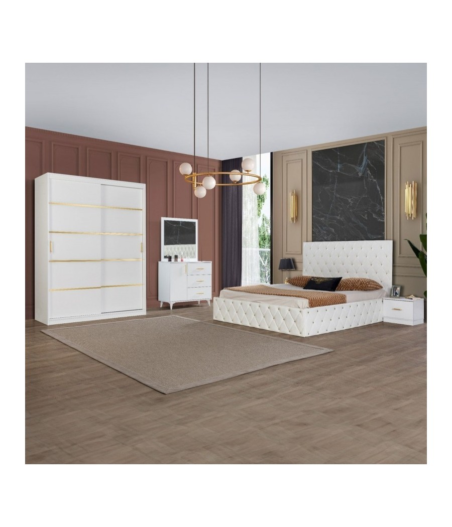 DORMITOR OTTO ALB /AURIU 160X200  FARA OGLINDA  + COMODA CU OGLINDA