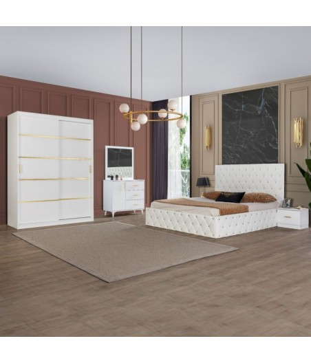 DORMITOR OTTO ALB /AURIU 160X200  FARA OGLINDA  + COMODA CU OGLINDA