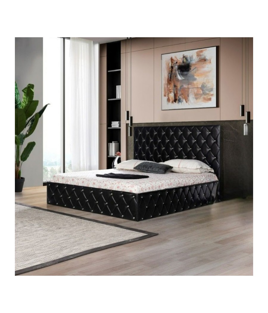 Pat Complet Tapitat OTTO Negru 160 X 200 cu Lada de Depozitare, Somiera Rabatabilă + Saltea Ortopedica 20cm Grosime