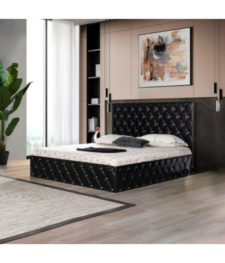 Pat Complet Tapitat OTTO Negru 160 X 200 cu Lada de Depozitare, Somiera Rabatabilă + Saltea Ortopedica 20cm Grosime