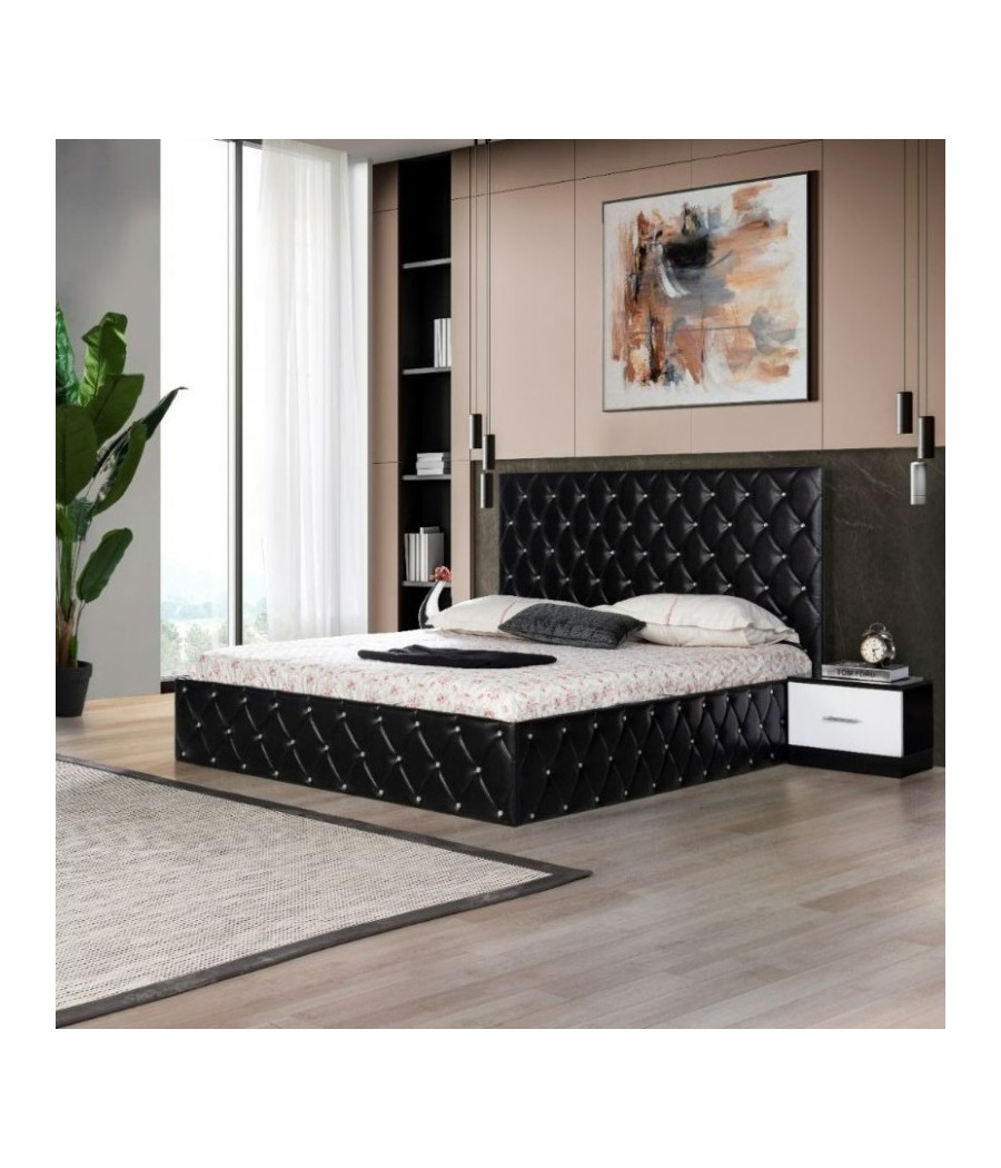 Pat OTTO Negru 160 X 200 cu Lada de Depozitare, Somiera Rabatabilă + 2 Noptiere  + Saltea Ortopedica 20cm Grosime