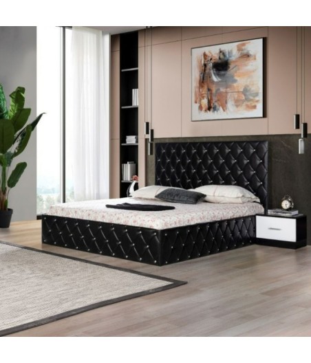 Pat Tapitat OTTO Negru 140 X 200 cu Lada de Depozitare, Somiera Rabatabilă + 2 Noptiere + Saltea Ortopedica 20cm Grosime