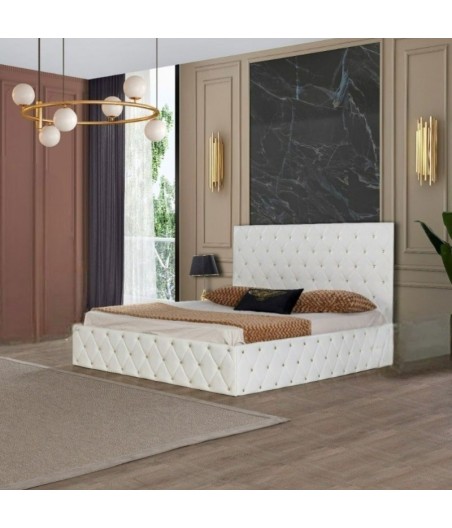 Pat Tapitat OTTO Alb 160 X 200 cu Lada de Depozitare, Somiera Rabatabilă + Saltea Ortopedica 20cm Grosime