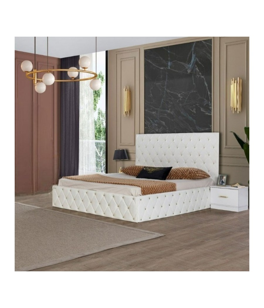 Pat OTTO ALB 160 X 200 cu Lada de Depozitare, Somiera Rabatabilă + 2 Noptiere + Saltea Ortopedica 20cm Grosime