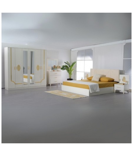 Dormitor Cod105, 6 Piese, Pat 180 x 200, Comoda Cu Oglinda, 2Noptiere, Dulap 6u, Culoare Alb/Auriu