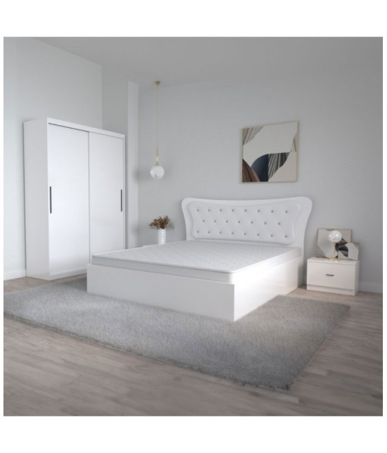 Dormitor Dante, 4 Piese, Pat 160 X 200, 2Noptiere, Dulap usi glisante fara oglinda, Culoare Alb