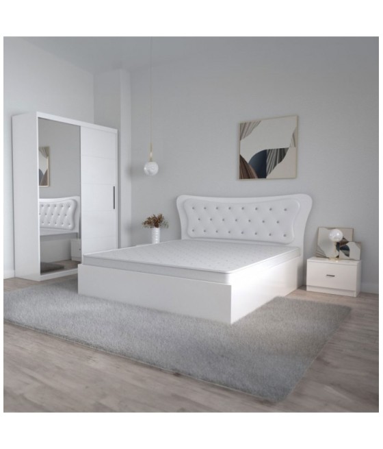 Dormitor Dante, 4 Piese, Pat 160 X 200, 2Noptiere, Dulap usi glisante cu oglinda, Culoare Alb