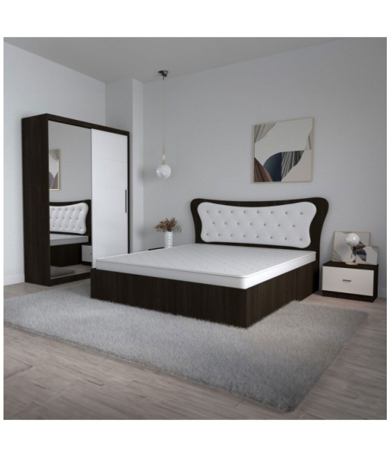 Dormitor Dante, 4 Piese, Pat 160 X 200, 2Noptiere, Dulap usi glisante cu oglinda, Culoare Wenge/Alb