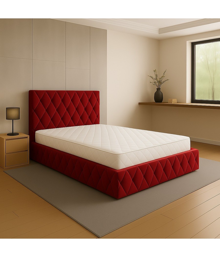 Pat Oscar ROSU 160x200cm cu Lada de Depozitare, Somiera Metalica Rabatabilă + SALTEA 160X200