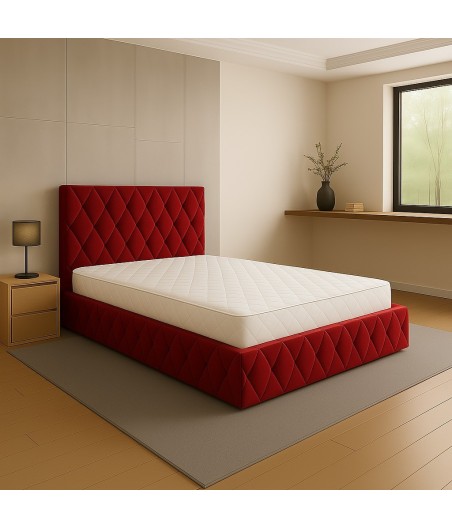 Pat Oscar ROSU 160x200cm cu Lada de Depozitare, Somiera Metalica Rabatabilă + SALTEA 160X200