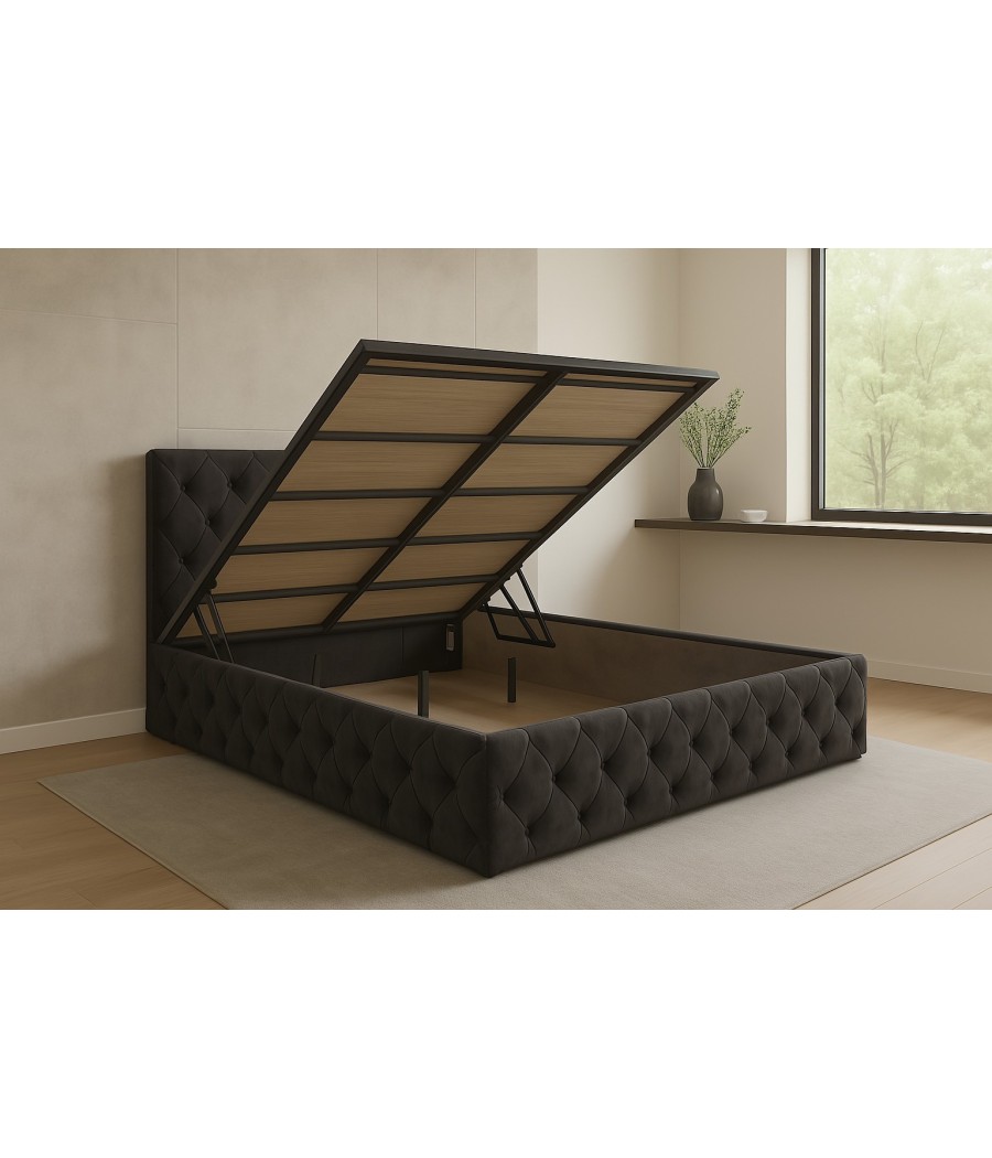 Pat Oscar Gri Petrol 160x200cm cu Lada de Depozitare, Somiera Metalica Rabatabilă  + SALTEA 160X200