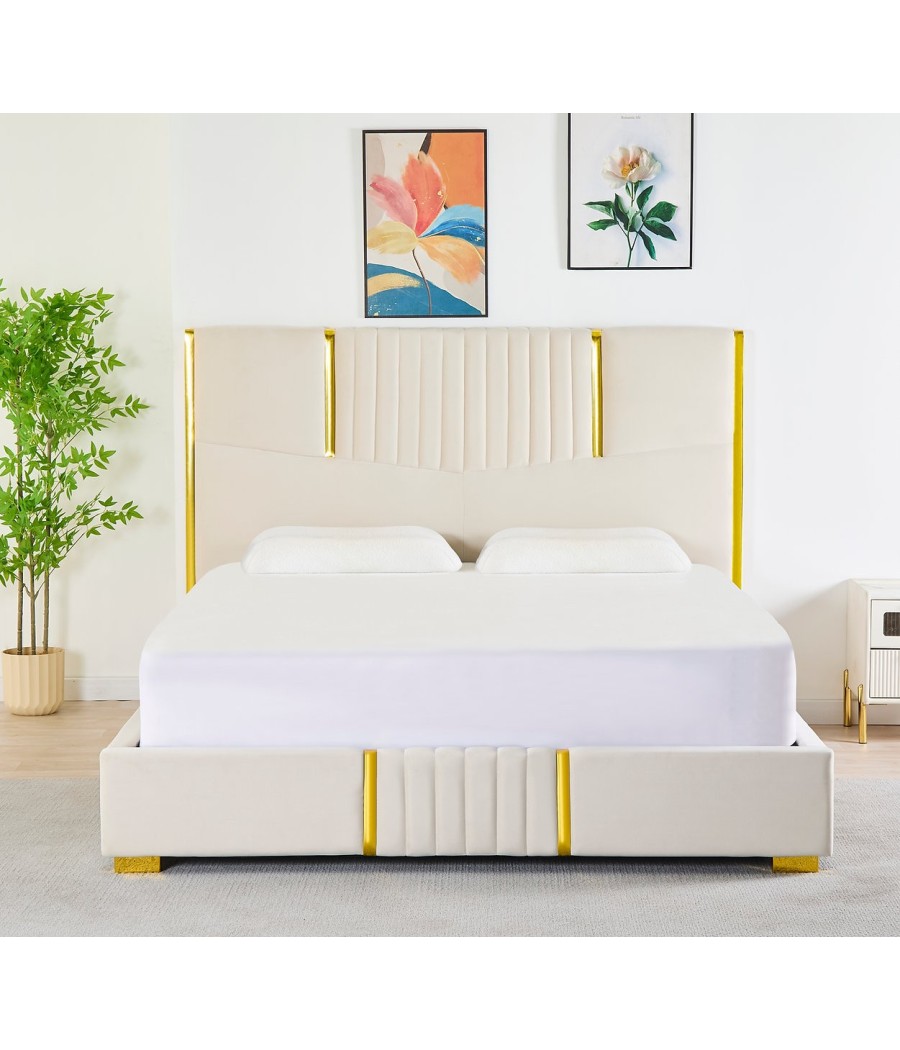Pat Tapițat Catifea Bej Cod LB-215 160x200 cm, Somiera + Saltea 160x200