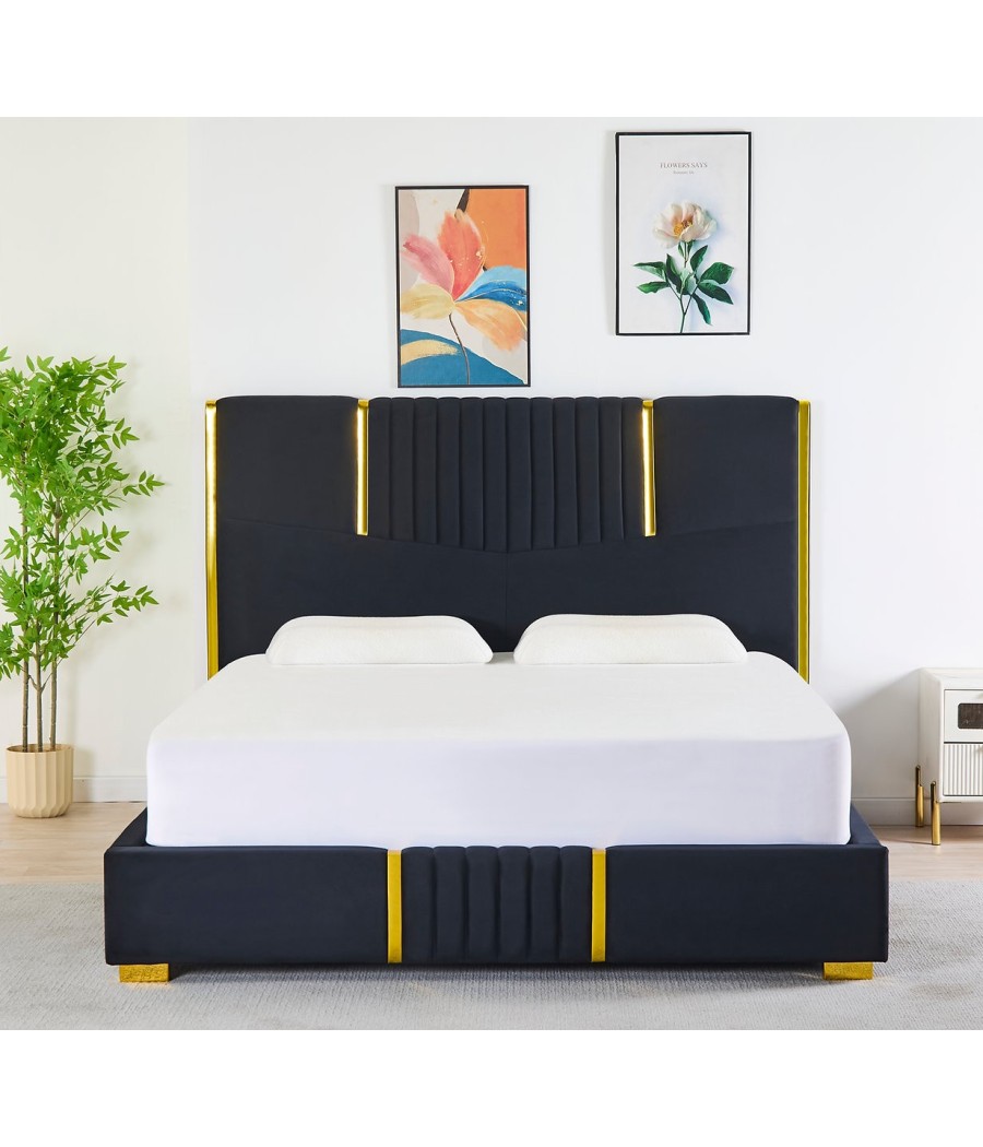 Pat Tapițat Catifea Negru  Cod LB-215 160x200 cm, Somiera + Saltea 160x200