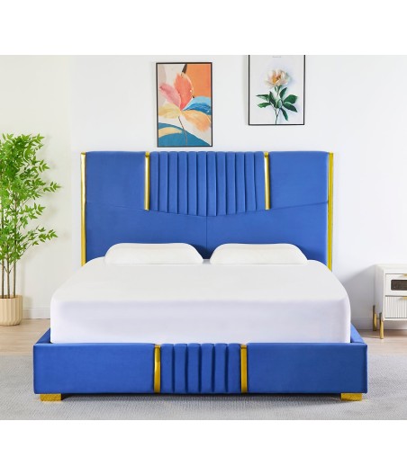 Pat Tapițat Catifea Albastru   Cod LB-215 160x200 cm, Somiera + Saltea 160x200