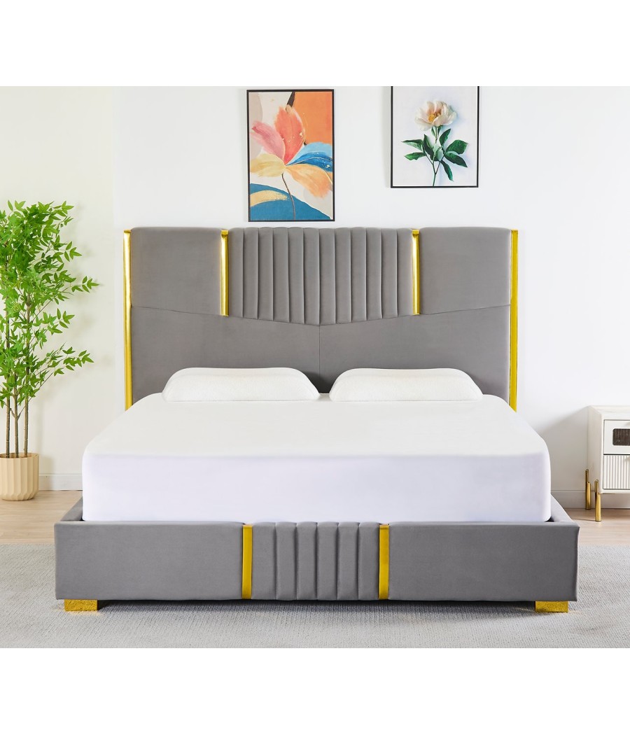 Pat Tapițat Catifea Gri Petrol  Cod LB-215 160x200 cm, Somiera + Saltea 160x200