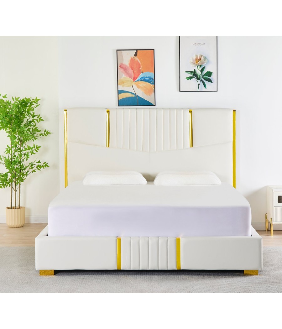 Pat Tapițat Piele Sintetica Alb Cod LB-215 160x200 cm, Somiera + Saltea 160x200