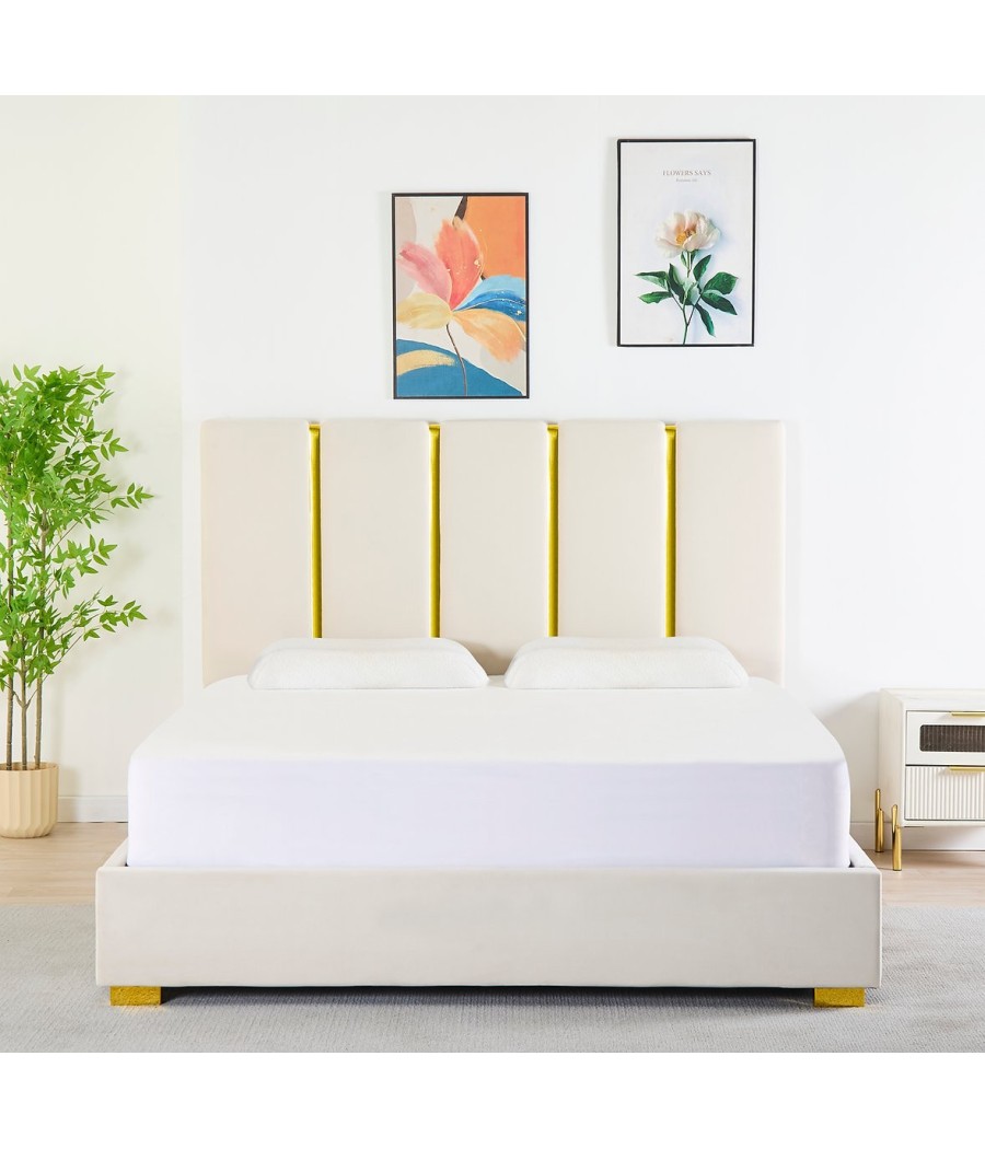 Pat Tapițat Catifea Bej Cod LB-214 160x200 cm, Somiera + Saltea 160x200