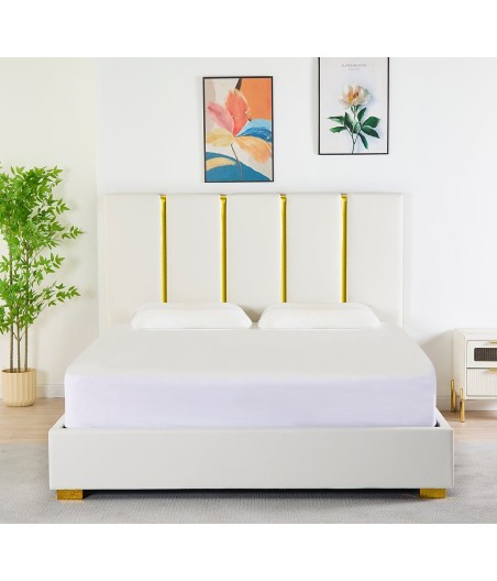 Pat Tapițat Piele Sintetica Alb Cod LB-214 160x200 cm, Somiera + Saltea 160x200