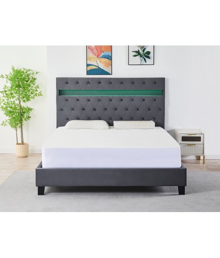 Pat Tapițat  CU LED Catifea Gri Petrol  Cod FB-18 160x200 cm, Somiera + Saltea 160x200