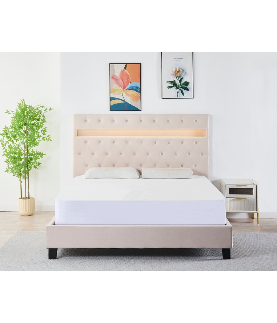 Pat Tapițat  CU LED Catifea Bej  Cod FB-18 160x200 cm, Somiera + Saltea 160x200