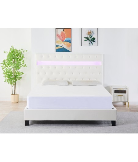 Pat Tapițat  CU LED  Piele Sintetica Alb Cod FB-18  160x200 cm, Somiera + Saltea 160x200
