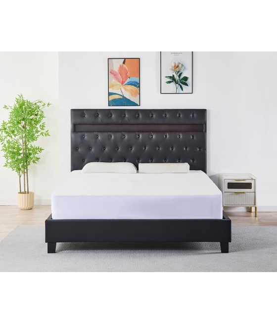 Pat Tapițat  CU LED Piele Sintetica Negru Cod FB-18   160x200 cm, Somiera + Saltea 160x200
