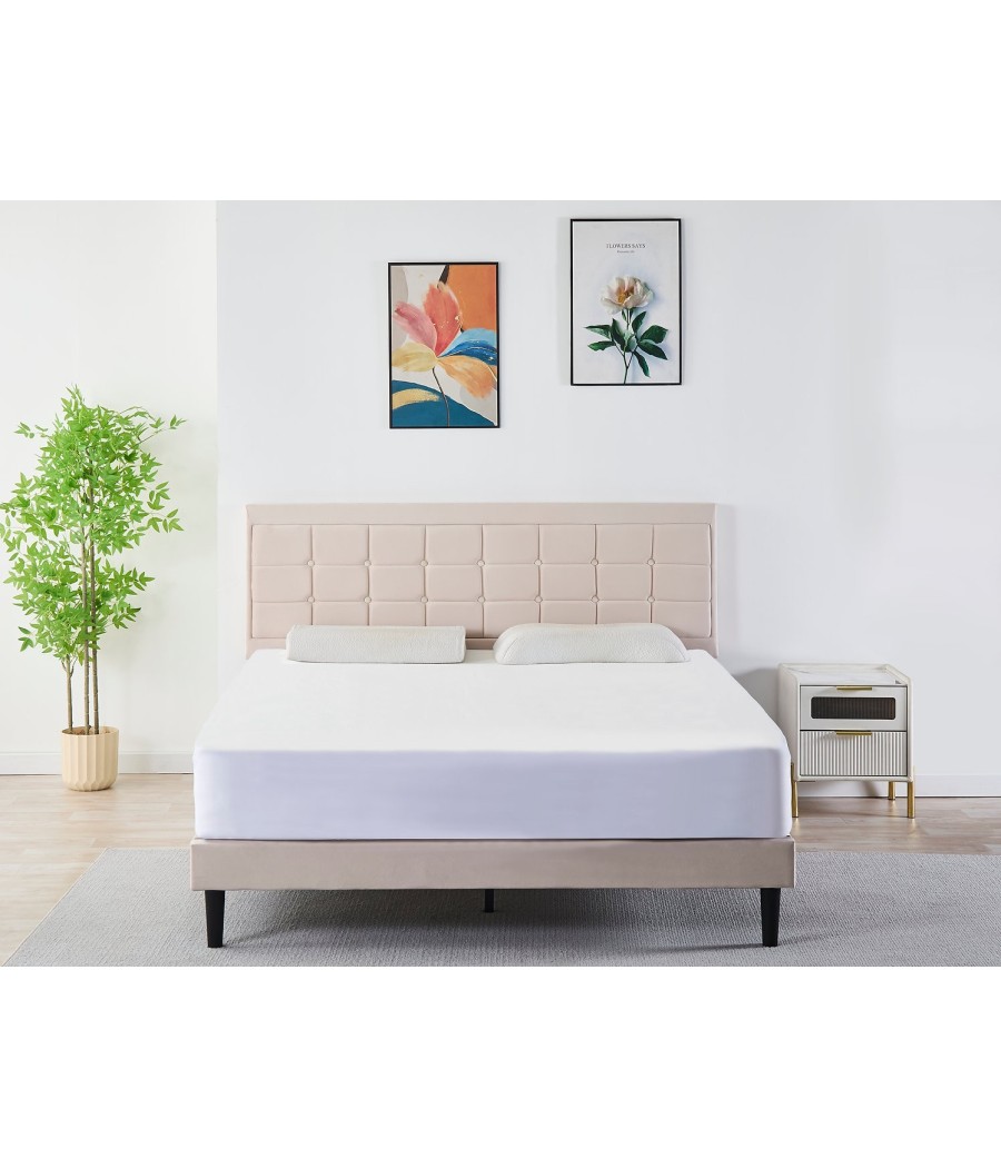 Pat Tapițat Catifea Bej  cod 6610  160x200 cm, Somiera + Saltea 160x200