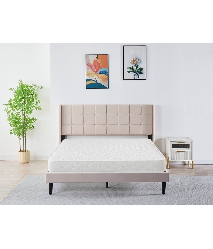 Pat Tapițat Catifea Bej  cod 6230  160x200 cm, Somiera + Saltea 160x200