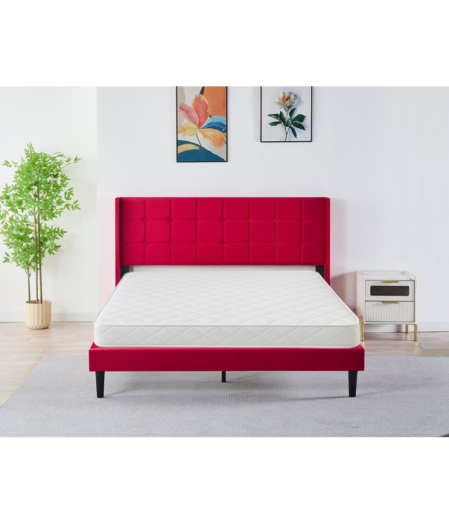 Pat Tapițat Catifea Rosu  cod 6230  160x200 cm, Somiera + Saltea 160x200