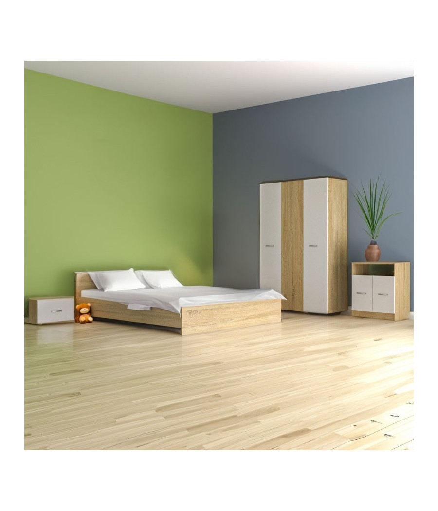 Dormitor Madrid, 5 Piese, Pat 160 X 200, 2Noptiere, Dulap, Comoda, Culoare Stejar Sonoma /Alb