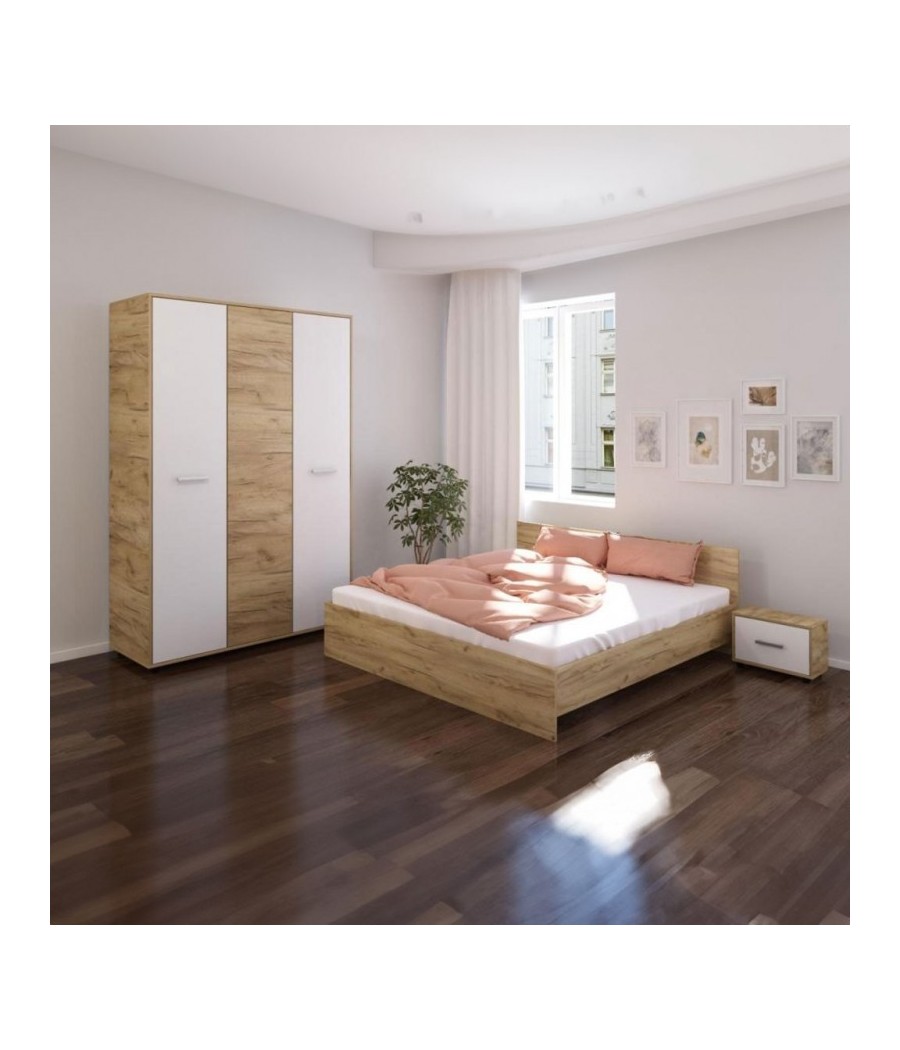 Dormitor Hera, 4 Piese, Pat , 2Noptiere, Dulap, Culoare Stejar Sonoma/Alb