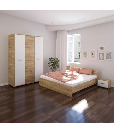 Dormitor Hera, 4 Piese, Pat , 2Noptiere, Dulap, Culoare Stejar Sonoma/Alb