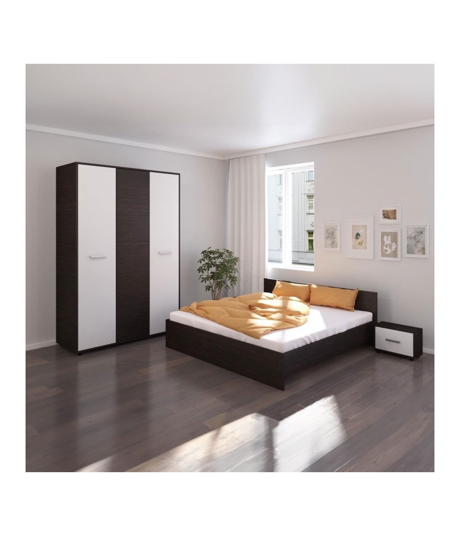 Dormitor Hera, 4 Piese, Pat , 2Noptiere, Dulap, Culoare Wenge/Alb