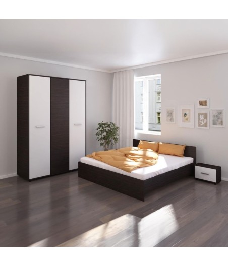 Dormitor Hera, 4 Piese, Pat , 2Noptiere, Dulap, Culoare Wenge/Alb