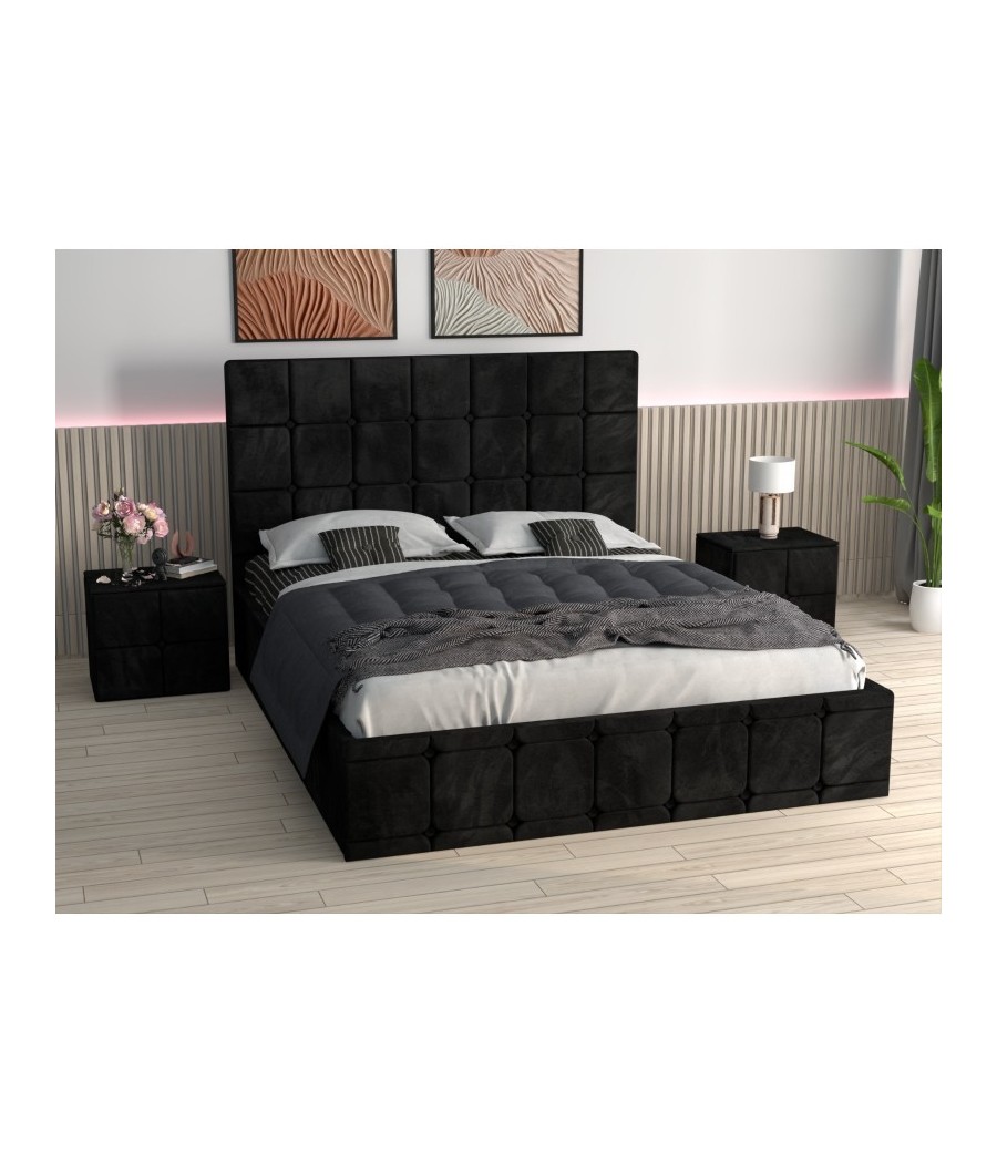 Pat Ven03 Negru + Noptiere Tapitate Negru+ Saltea Lux Ortopedica