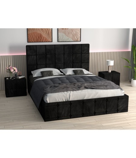 Pat Ven03 Negru + Noptiere Tapitate Negru+ Saltea Lux Ortopedica